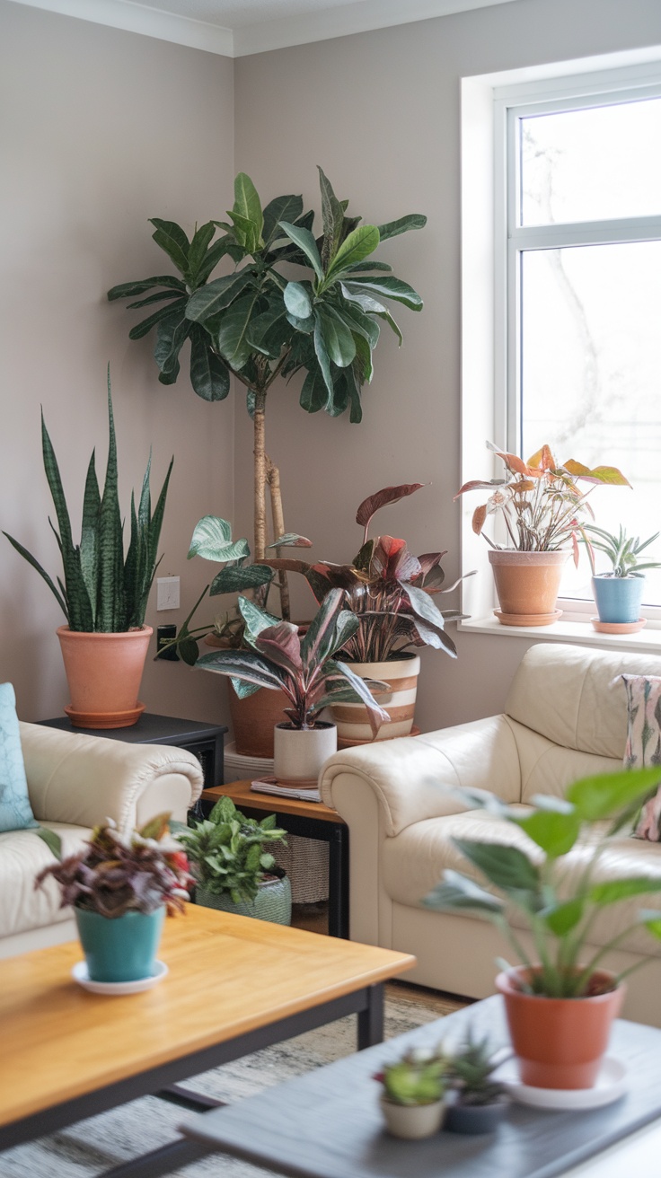 Living room with various green plants in pots, including hanging plants, creating a fresh and vibrant atmosphere.