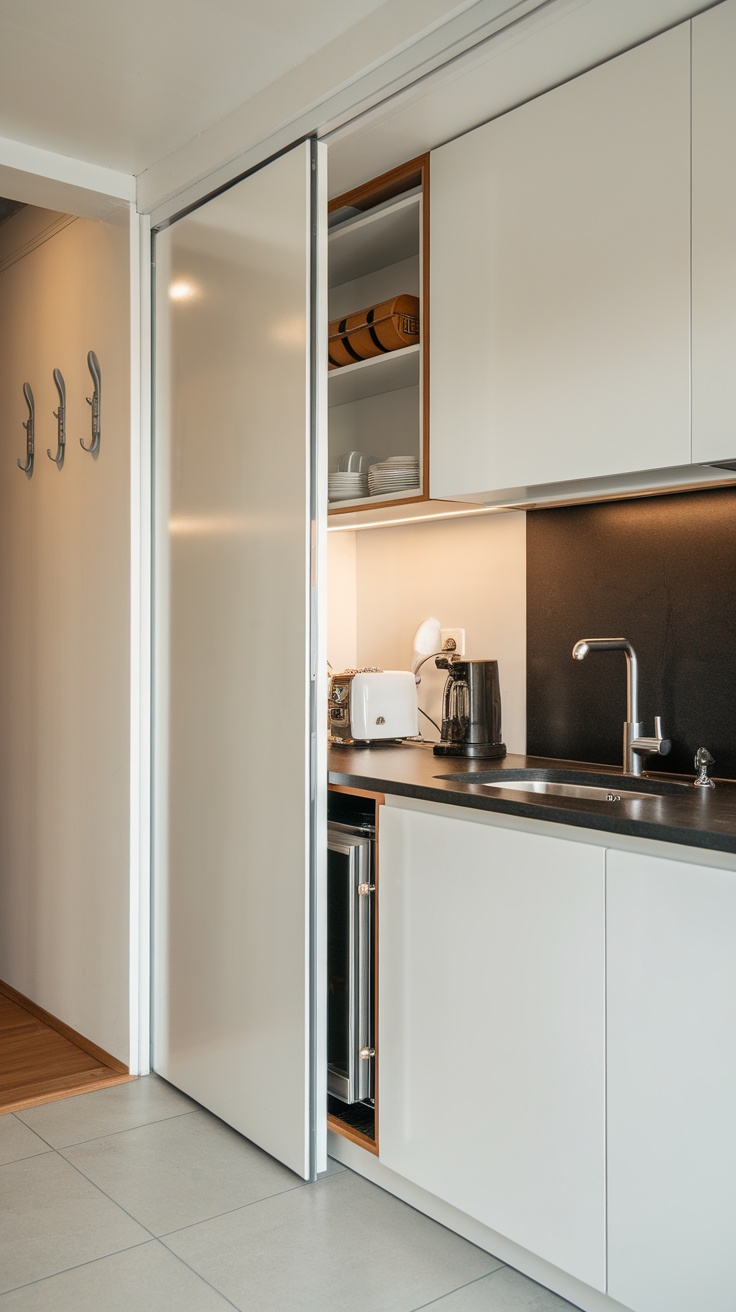 Small kitchen with sliding pocket door