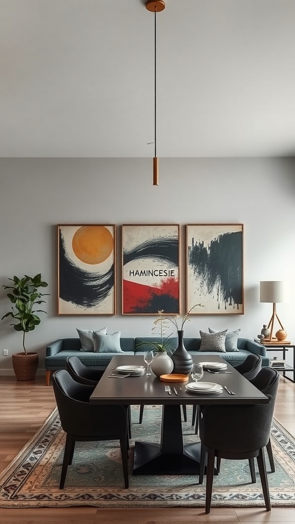 A modern living room and dining room combo featuring statement art pieces on the wall.