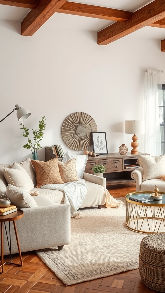 Cozy living room with a sofa, pillows, coffee table, and various textures
