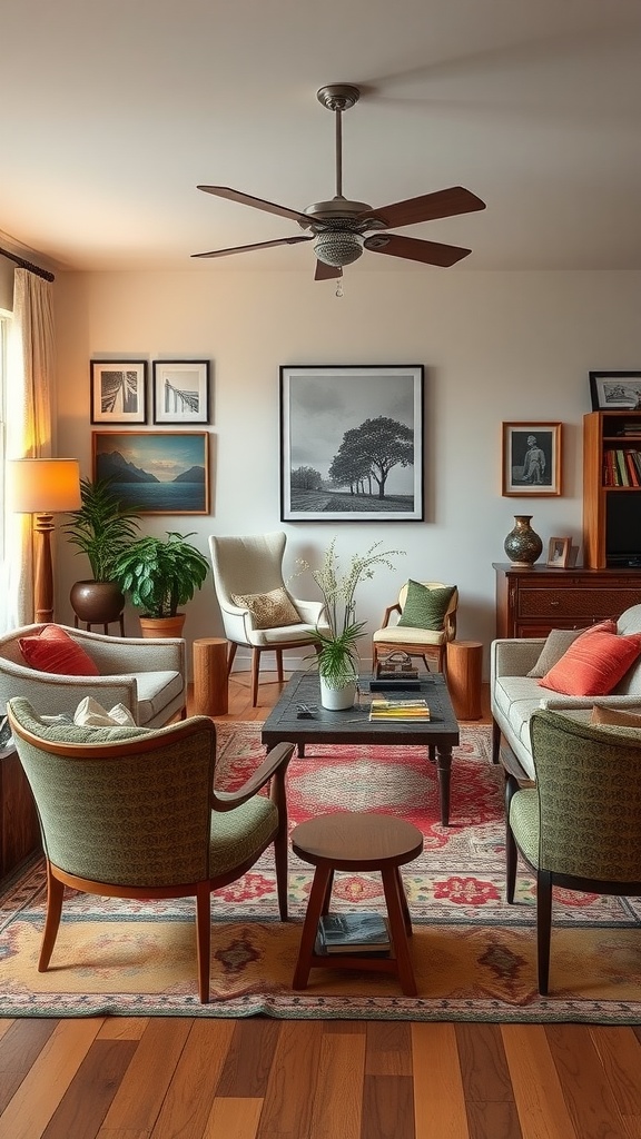 Cozy living room showcasing unique furniture arrangement with green accent chairs, wooden coffee table, and decorative artwork.