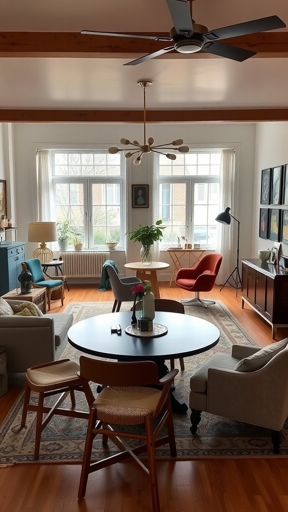 A cozy living room and dining room combo featuring a blend of vintage and modern furniture.