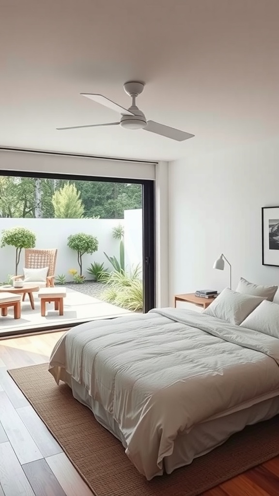 A minimalist bedroom with a view of an outdoor seating area, featuring a bed, ceiling fan, and large glass doors.