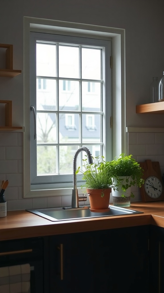 Indoor herb garden by a kitchen window with potted plants and modern sink.