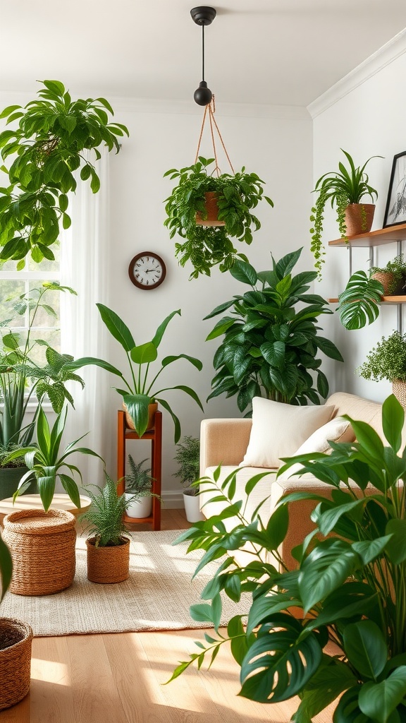 A cozy farmhouse living room filled with various indoor plants, including hanging and potted greenery.