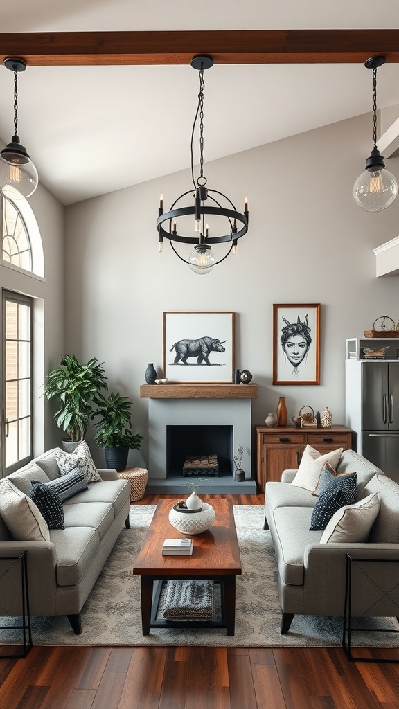 A cozy farmhouse living room featuring industrial lighting fixtures, comfortable sofas, and a wooden coffee table.