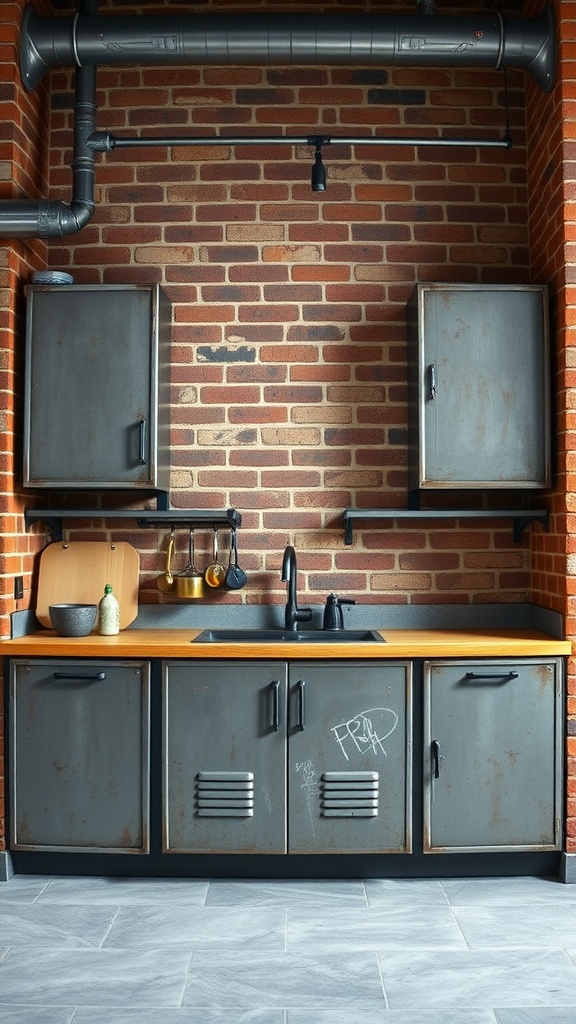 Industrial metal kitchen cabinets against a brick wall