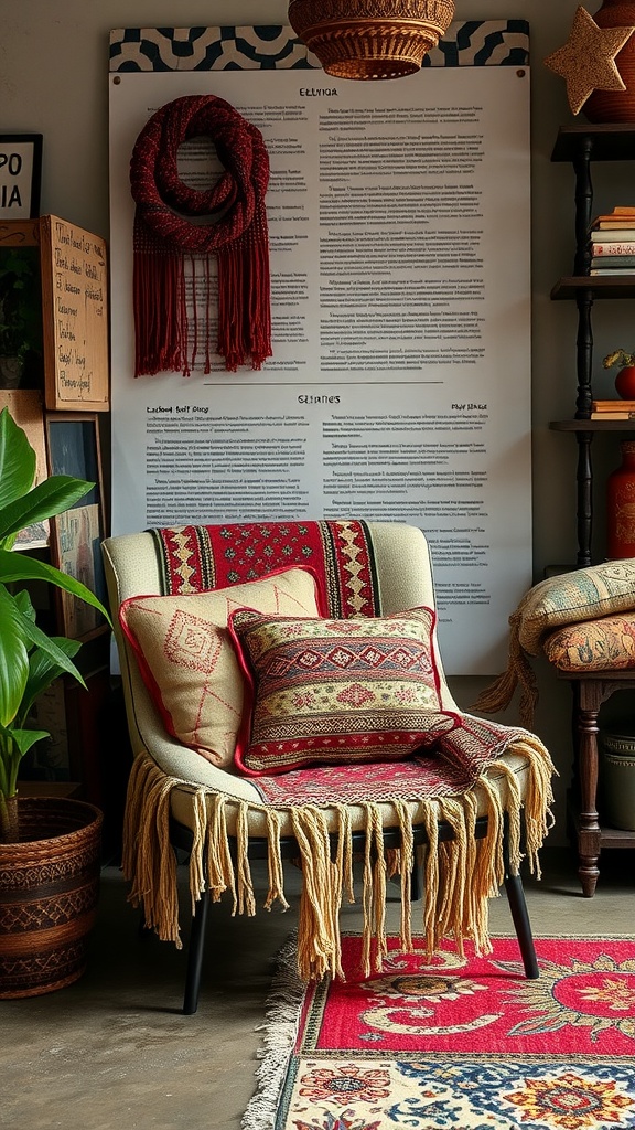 A cozy industrial style chair with colorful pillows and a fringe detail, surrounded by boho decor.