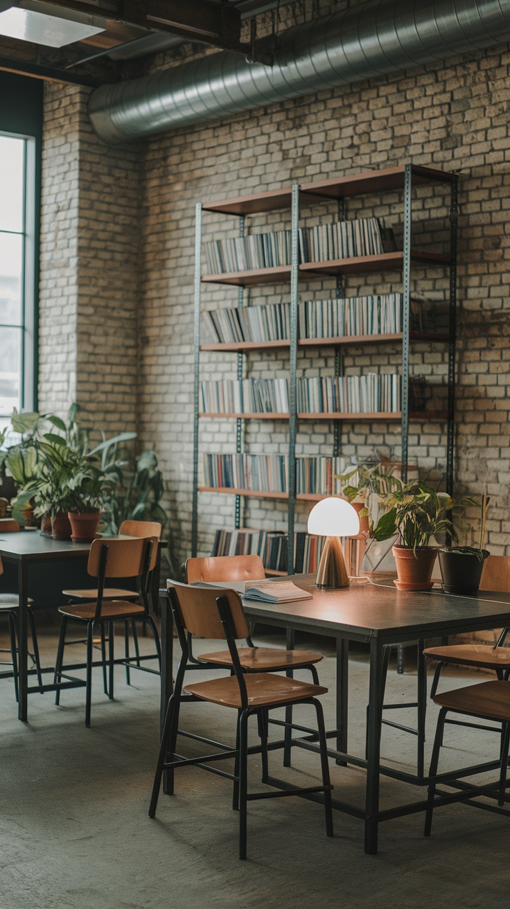 A cozy reading room featuring exposed brick walls, modern furniture, and warm lighting.