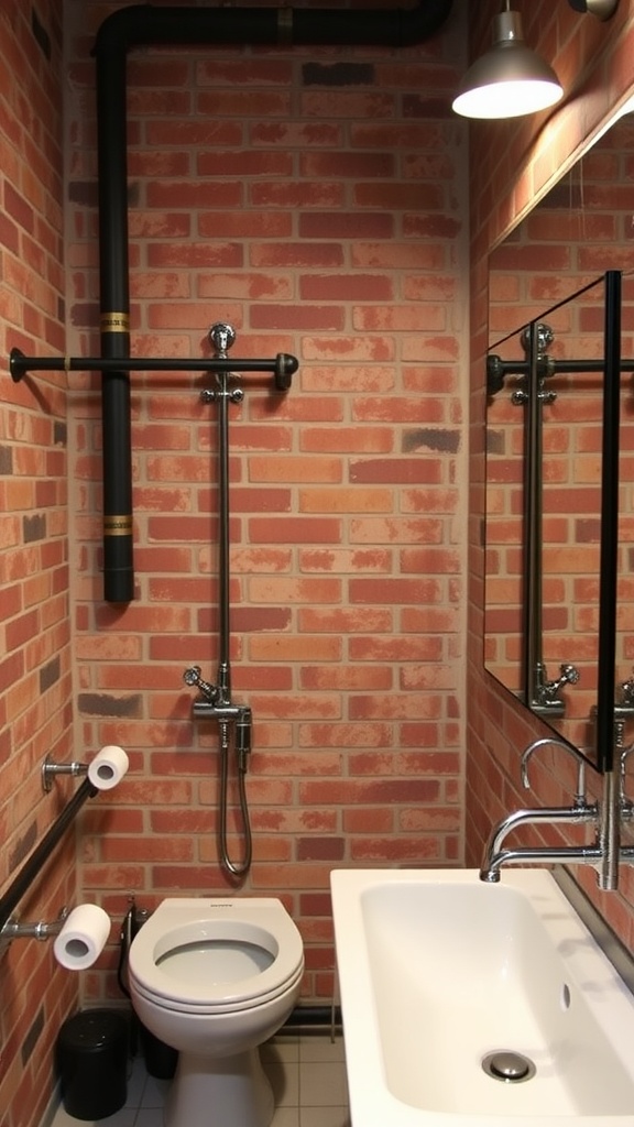 Industrial style bathroom featuring exposed brick walls and metal accents.
