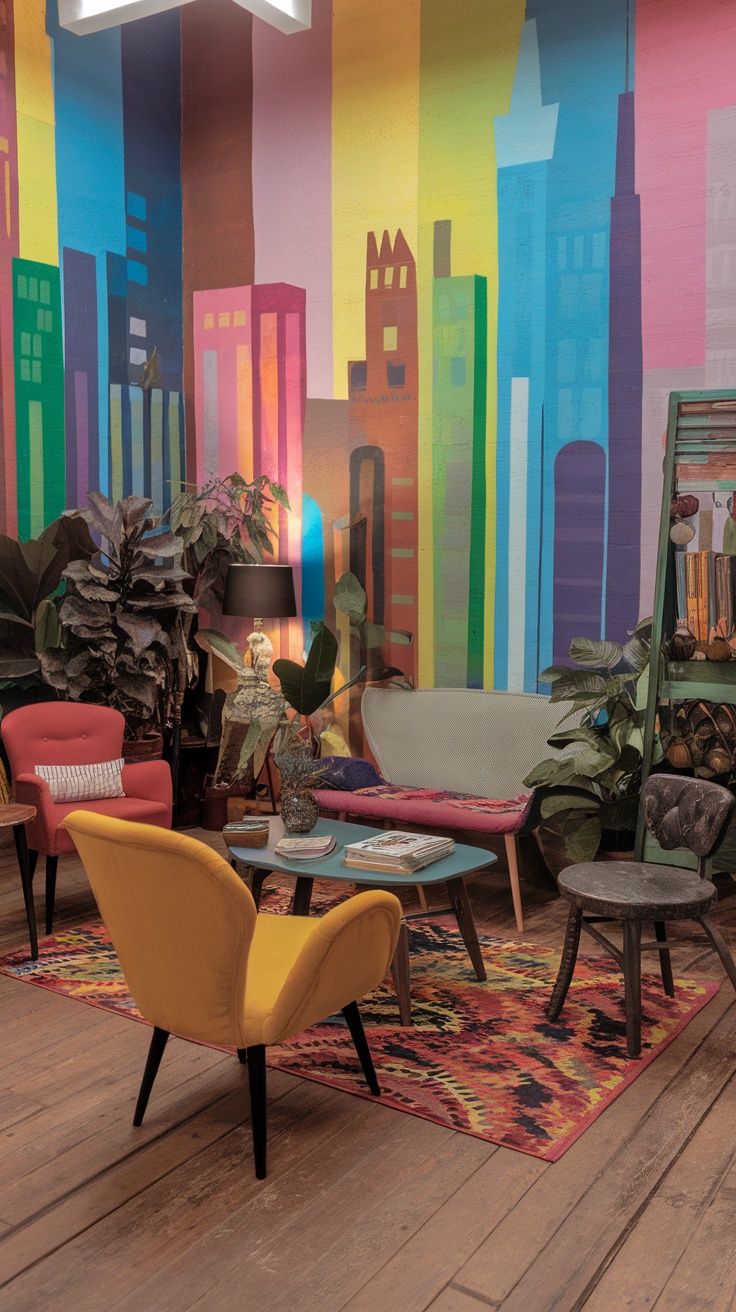 Colorful mural in a cozy reading room featuring trees, birds, and the text 'Leed Loam'