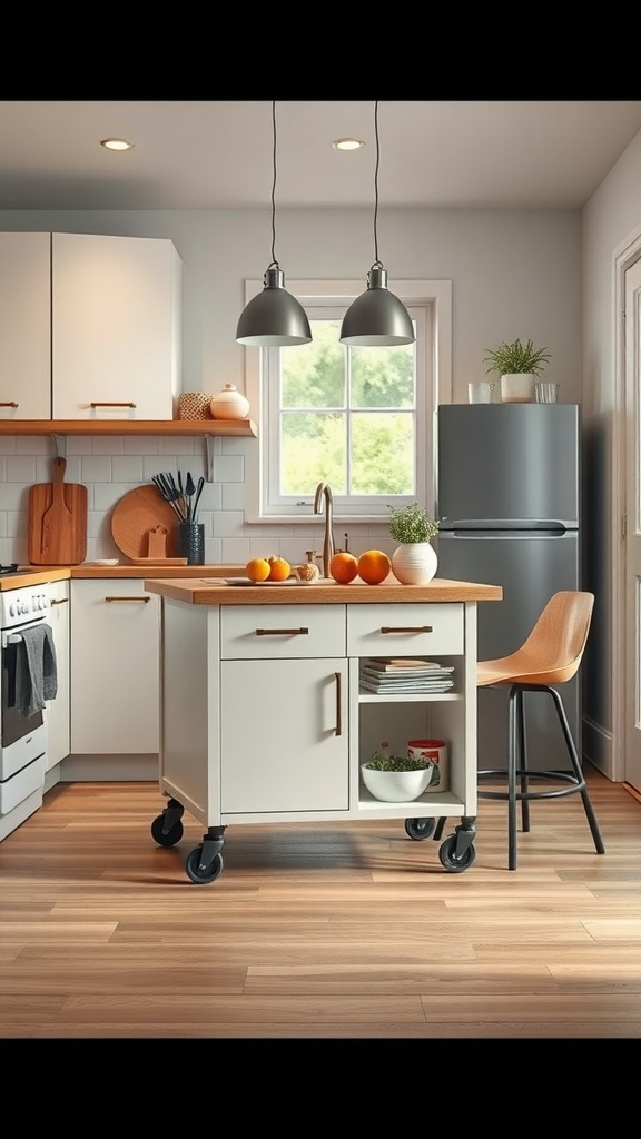 A small kitchen with a movable island on wheels, showcasing a cozy design and efficient use of space.