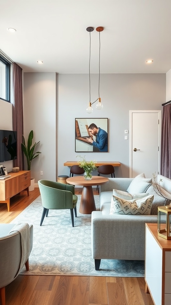 A modern living room and dining room combo with stylish furniture and smart lighting.