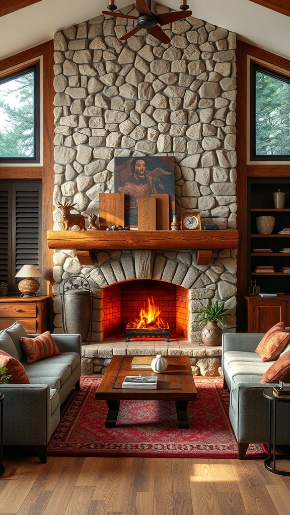 Cozy farmhouse living room featuring a large stone fireplace, comfortable sofas, and warm decor.