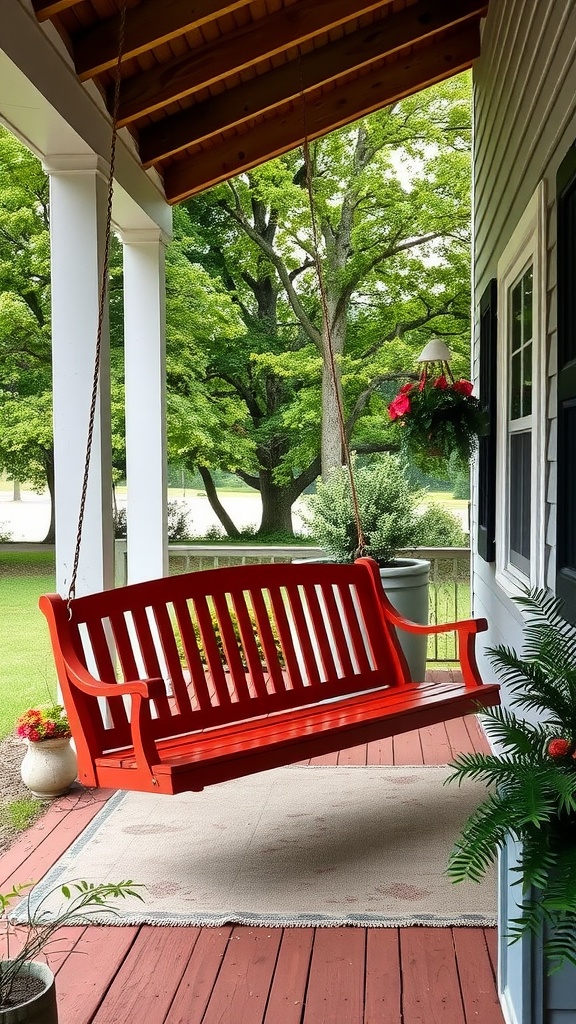 A vibrant red porch swing hanging on a farmhouse porch, surrounded by greenery and decorative plants.