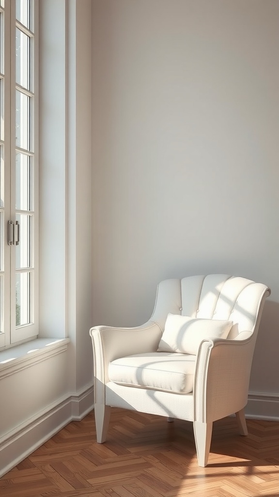 A cozy white reading chair next to a window in a softly lit room.