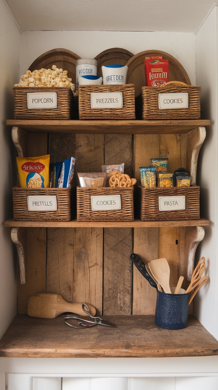 Shelves with labeled wicker baskets containing various kitchen items.