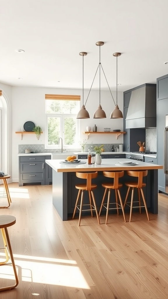 A spacious Scandinavian kitchen featuring a large island with bar stools, modern appliances, and a warm color palette.