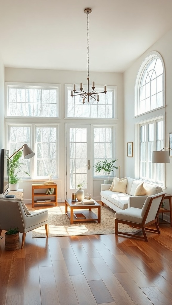 Bright farmhouse living room with large windows and natural light.