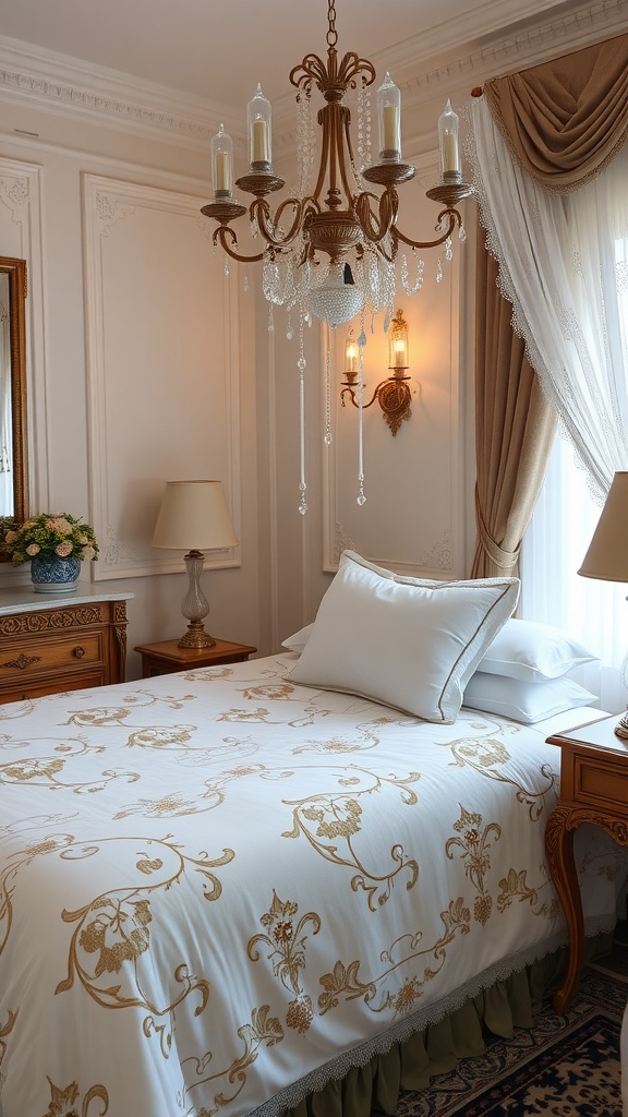 A beautifully arranged bedroom with a lavish white embroidered bedspread featuring golden designs, complemented by elegant lighting and wooden furniture.