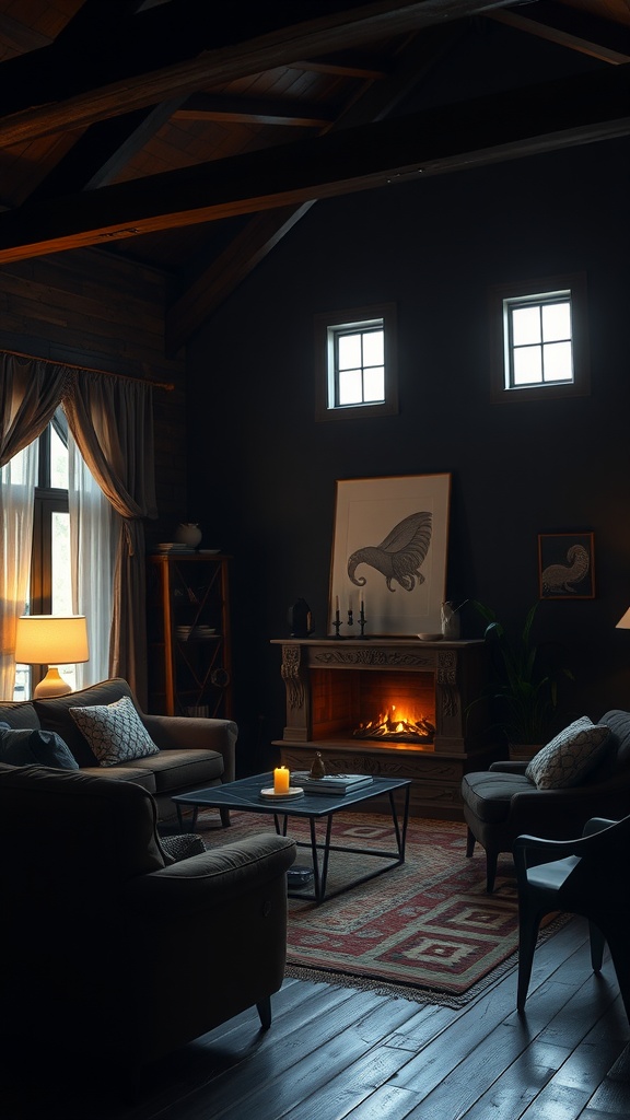 Dark boho living room with layered lighting including a warm fireplace, table lamp, and candles