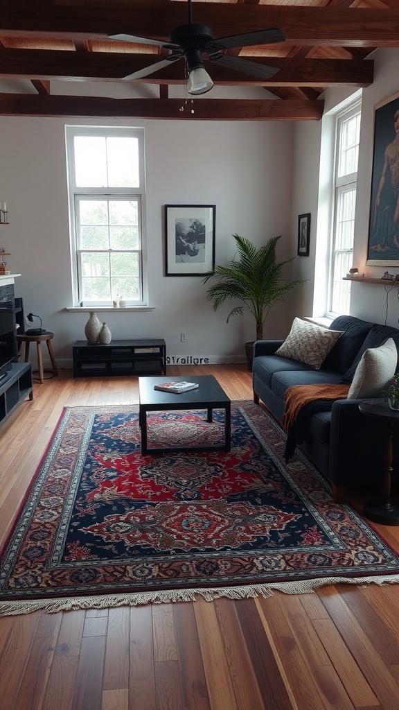 Living room with layered rugs, featuring a vibrant area rug on a wooden floor, a sofa, and a coffee table.