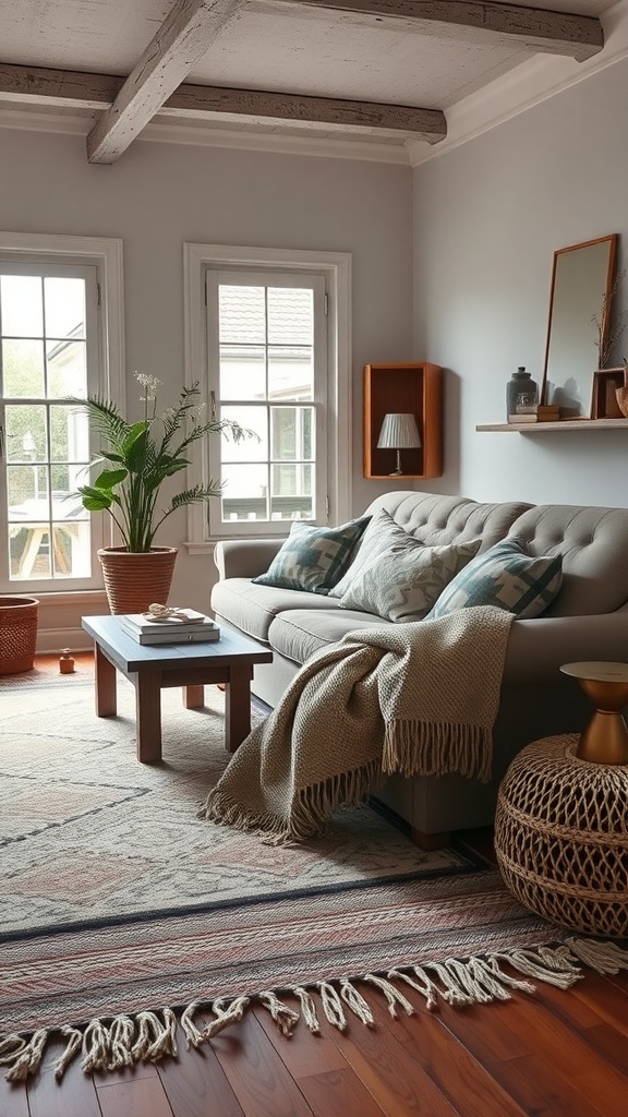 Cozy farmhouse living room featuring a sofa with layered textiles, a wooden coffee table, and a patterned area rug.