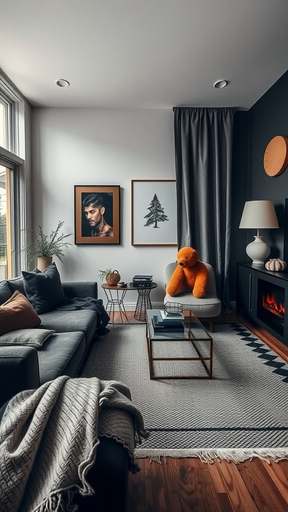 A cozy living room featuring layered textiles, including a soft blanket, colorful cushions, and a patterned rug.