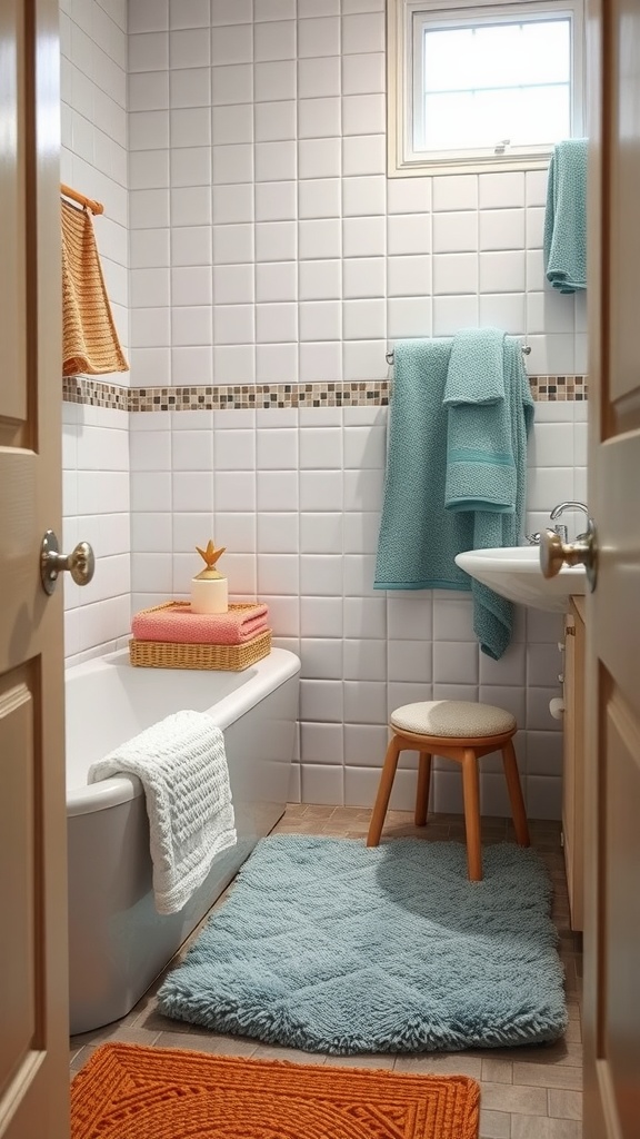 A small bathroom featuring layered textiles, including colorful rugs, towels, and a stool.