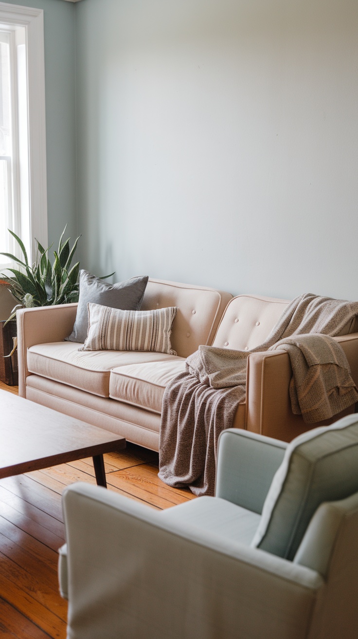 A cozy living room with a sectional sofa layered with various pillows and throws, featuring a potted plant and a decorative rug.