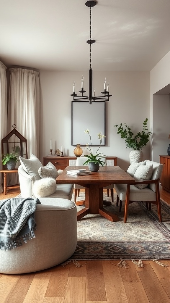 A cozy living room and dining area featuring layered textiles, a round ottoman, and a wooden dining table.