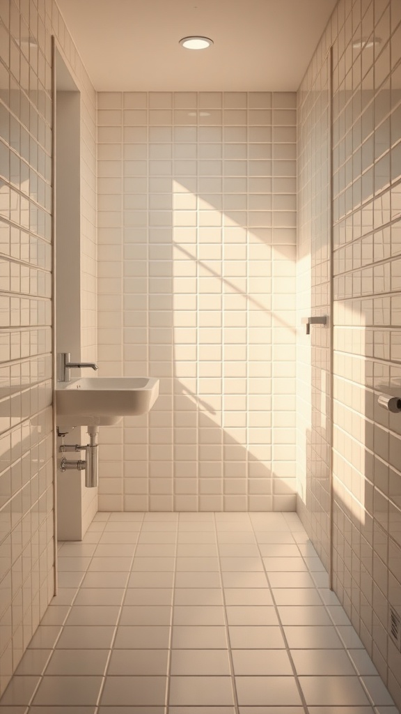 A bright, small bathroom with light-reflecting white tiles and natural sunlight.