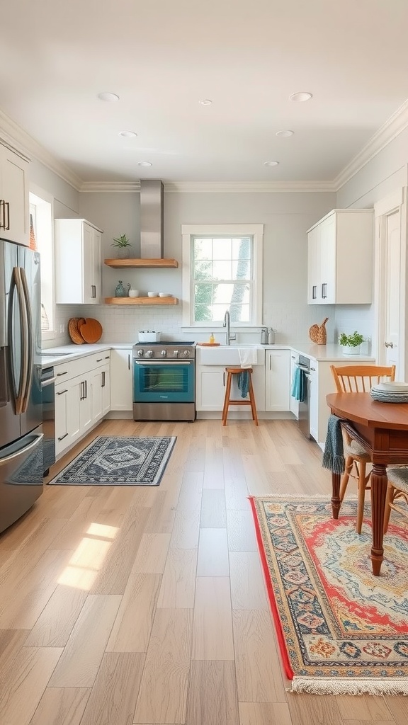 A modern farmhouse kitchen featuring light wood flooring and colorful area rugs.
