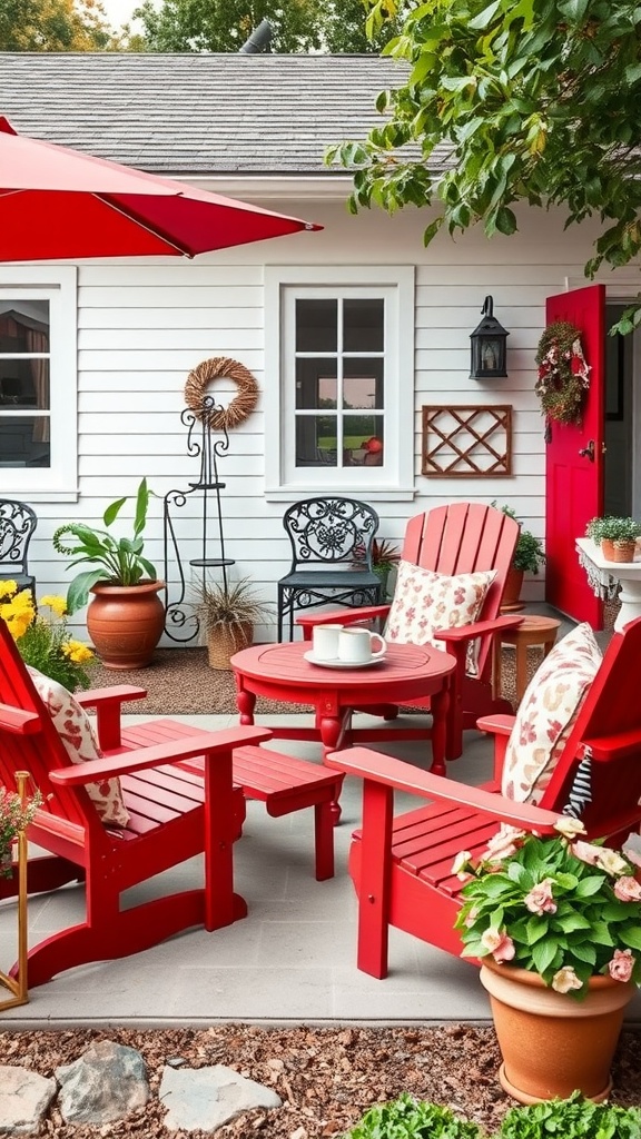 Charming outdoor area with red furniture, including a table and chairs, complemented by floral cushions and an umbrella.