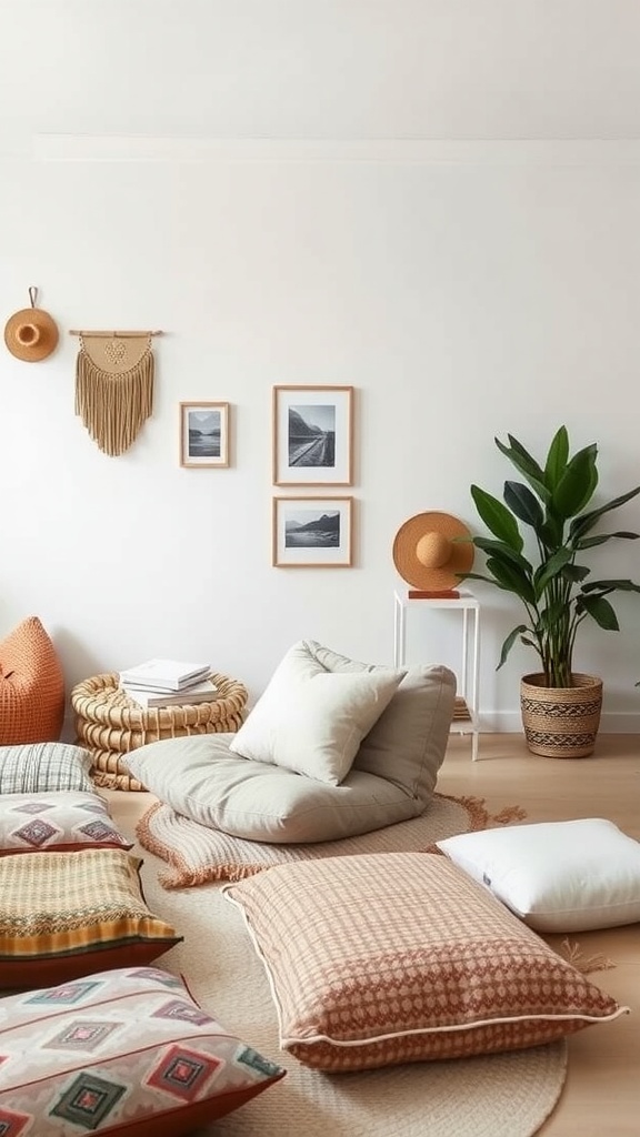 Cozy boho living room featuring a low slung floor chair with colorful cushions and plants.