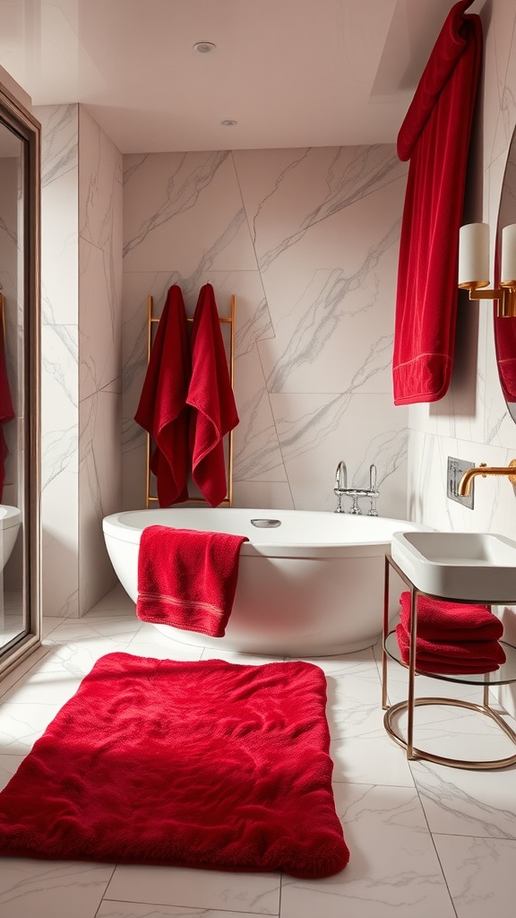 A luxurious bathroom featuring red velvet textures with a stylish bathtub, plush red rug, and marble walls.
