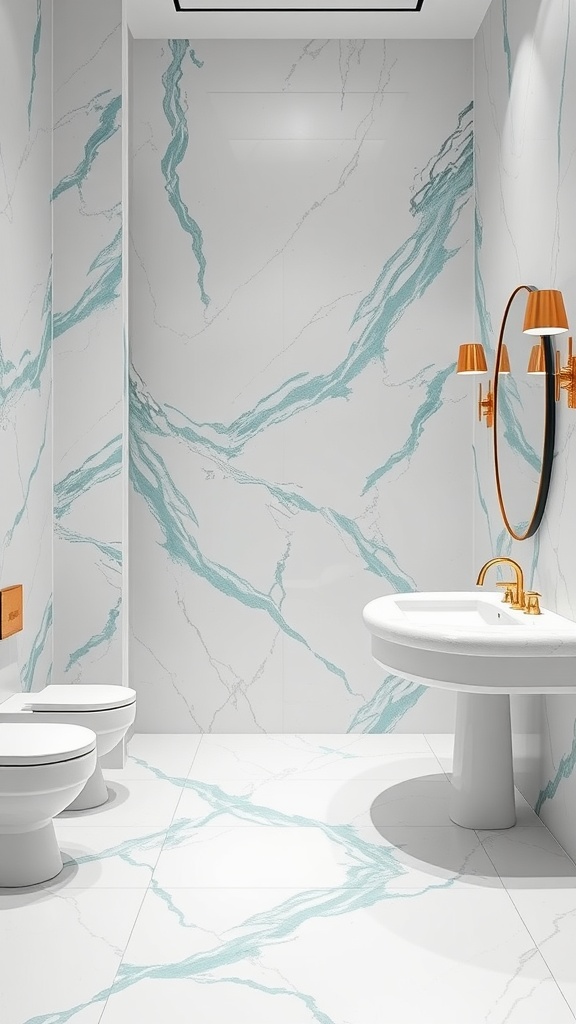 A modern bathroom featuring luxurious marble with aqua veining, gold fixtures, and a minimalist design.
