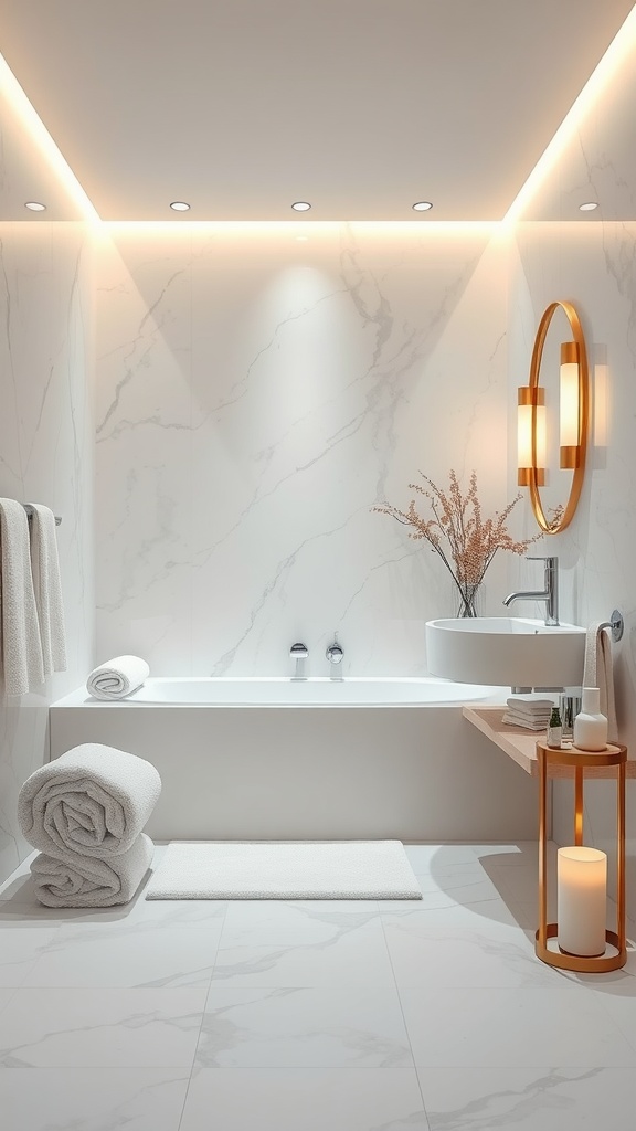 A modern bathroom with marble walls, a white bathtub, plush towels, and soft lighting, creating a spa-like atmosphere.