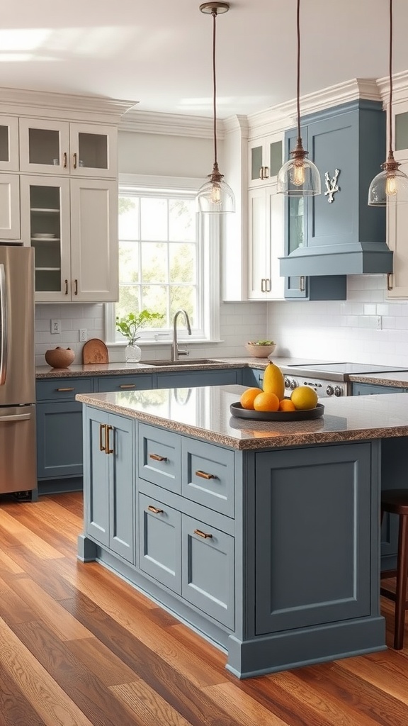 A stylish kitchen with a blue island cabinet and light wood flooring.