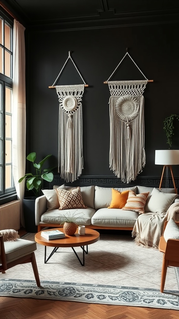 Two macramé wall hangings on a dark wall above a light sofa with colorful cushions.