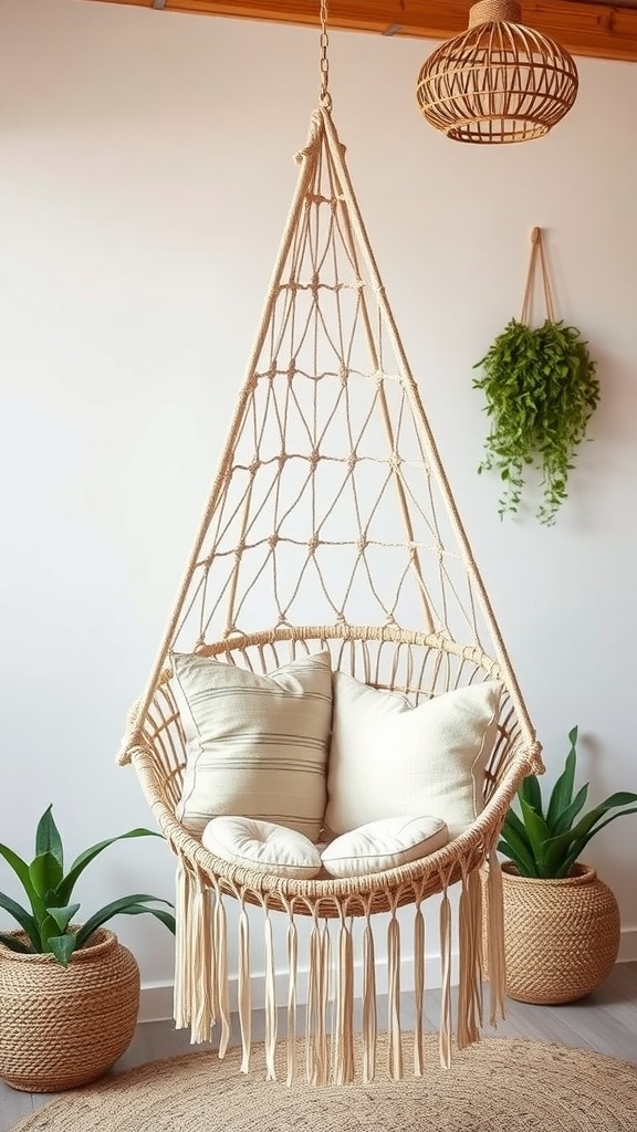 A stylish macrame hanging chair with cushions, plants, and a warm ambiance.