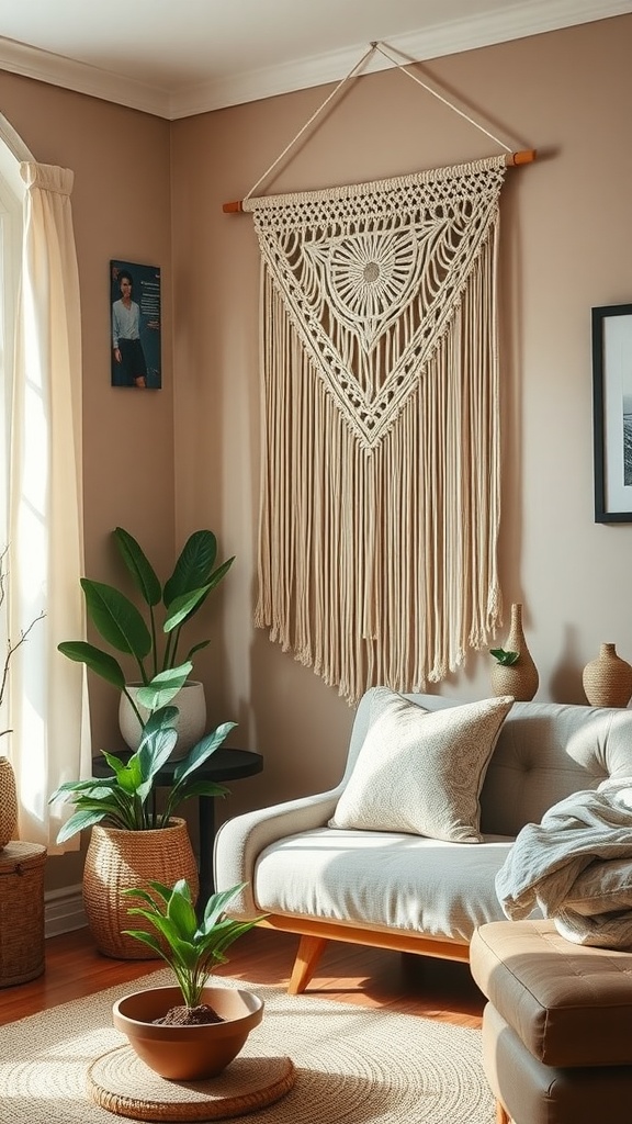 A macrame wall hanging in a cozy living room setting, complemented by plants and soft furnishings.