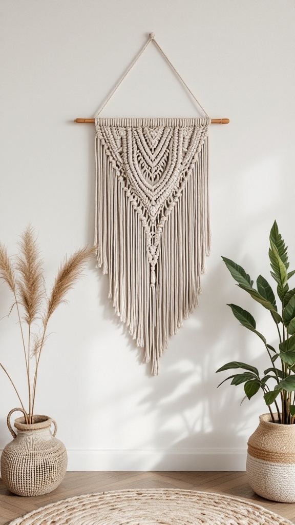 A beautiful macrame wall hanging displayed on a beige wall with plants and decorative baskets nearby.