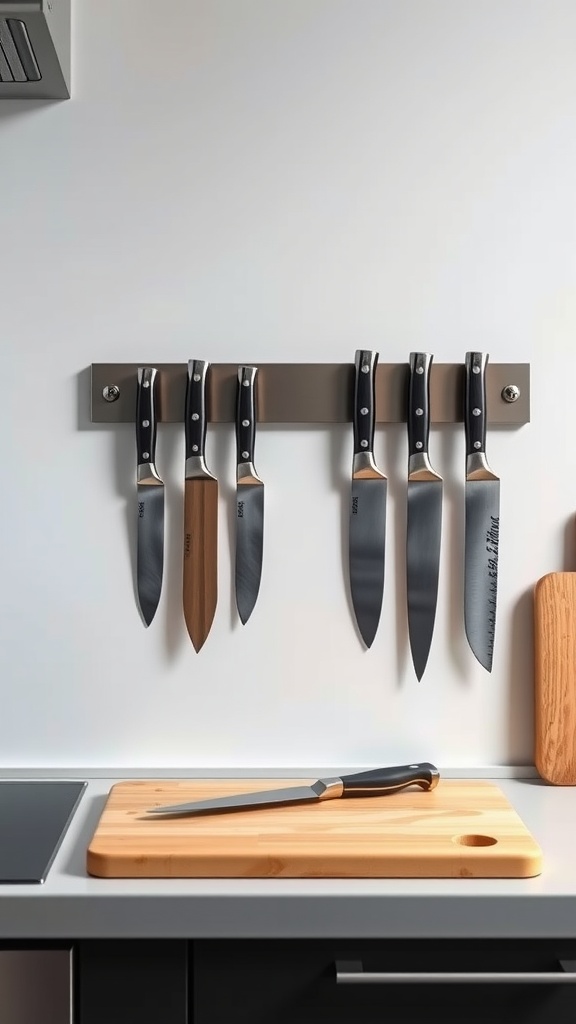 Magnetic strip holding various kitchen knives on a wall