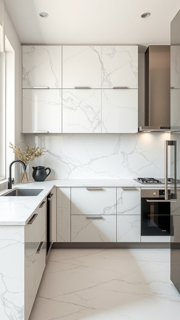 A modern kitchen featuring marble-effect cabinet surfaces with sleek hardware and a spacious layout.