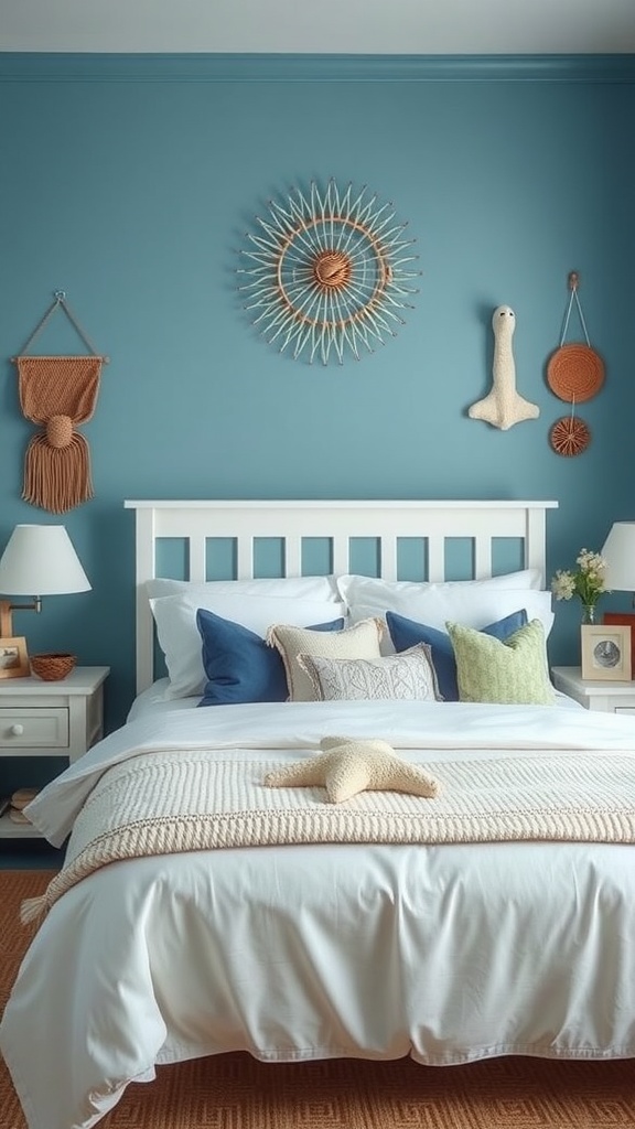 Cozy bedroom with marine blue wall and coastal decor