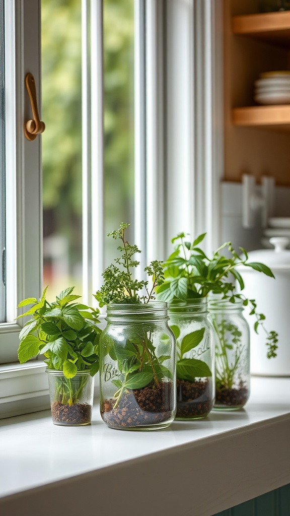 Mason jars with various herbs on a windowsill