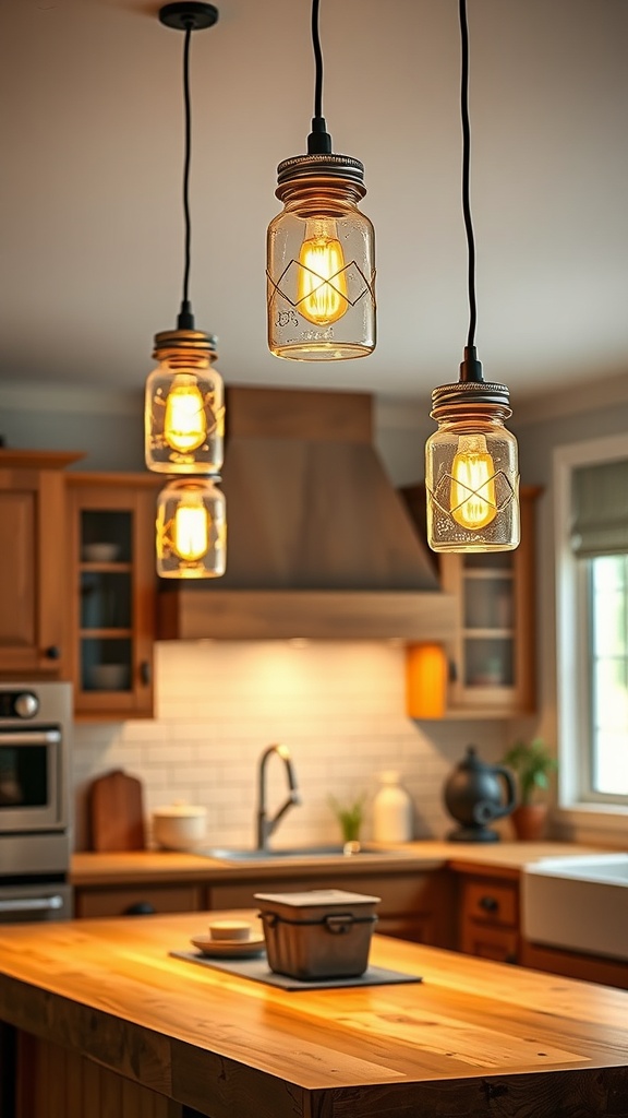 Three mason jar lighting fixtures hanging above a wooden kitchen island.