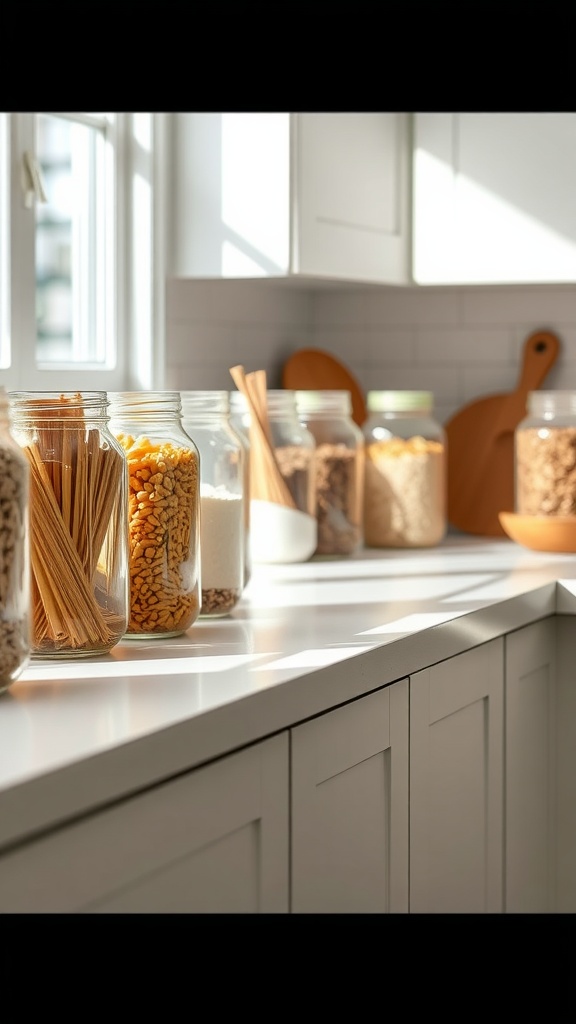 Mason jars filled with various dry goods on a kitchen countertop
