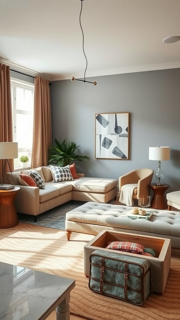 A stylish living room with a sectional sofa, coffee table with storage, and accent chairs, showcasing multi-functional furniture.